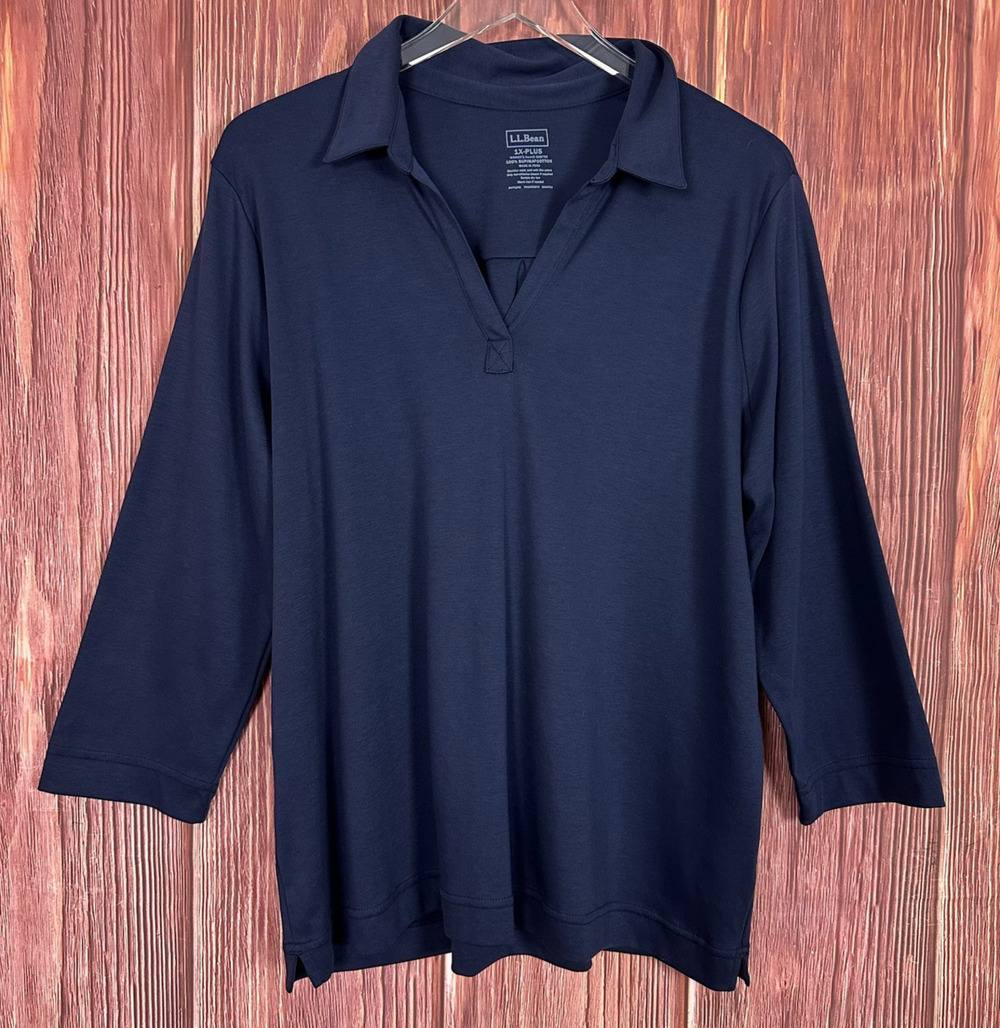 LL Bean Womens Supima Cotton Top 3/4 Sleeve Navy Blue Plus Size 1X